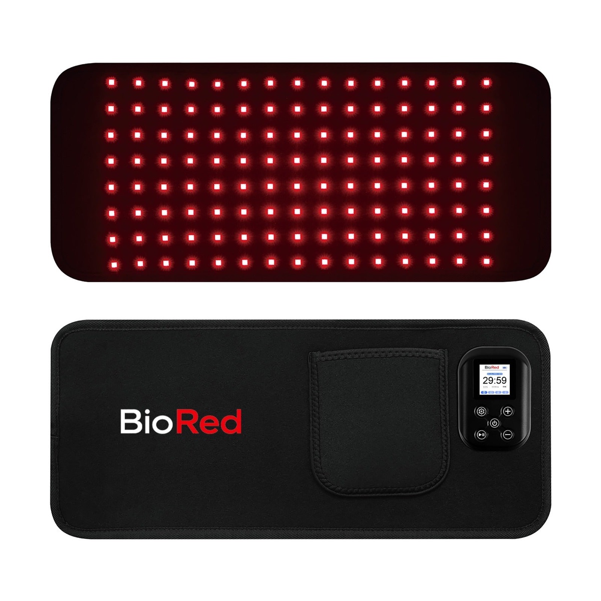 The BioRed Therapy Belt, a flexible neoprene red light wrap with a magnetic controller.